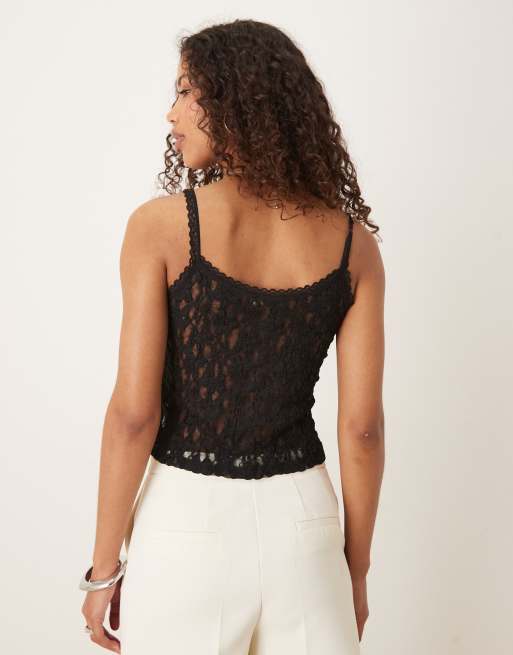 ASOS DESIGN sheer lace cami top with trim detail in black, 4 of 4
