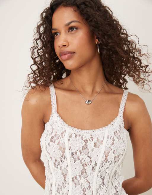 ASOS DESIGN sheer lace cami top with trim detail in ivory