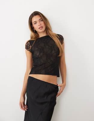 Asos Design Sheer Lace Cap Sleeve Top In Black