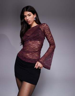 Asos Design Sheer Lace Cinched Slash Neck Top With Flare Sleeves In Purple