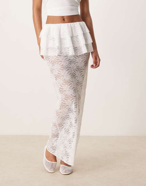ASOS DESIGN sheer lace column maxi skirt with ruffle waist in ivory, 2 of 5