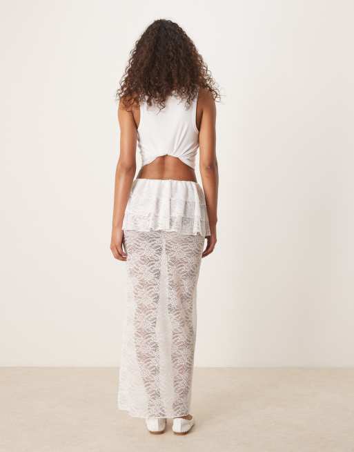 ASOS DESIGN sheer lace column maxi skirt with ruffle waist in ivory, 3 of 5