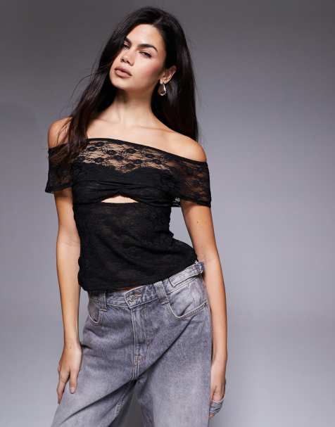 ASOS DESIGN sheer lace cut out bardot detail top in black - view 1