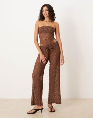 Asos Design Sheer Lace Festival Wide Leg Mid Rise Pants In Brown