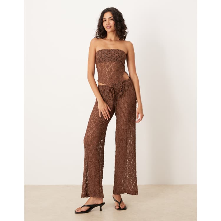 ASOS Design sheer lace festival wide leg mid rise pants in brown - Part of a set