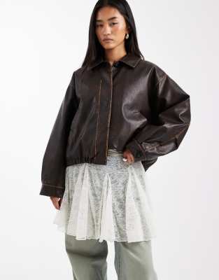 Asos Design Sheer Lace Flare Mini Skirt In Brown
