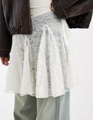 Asos Design Sheer Lace Flare Mini Skirt In Brown