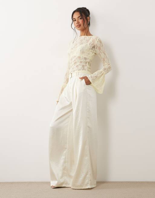 ASOS DESIGN sheer lace fluted cuff top in buttermilk, 2 of 4