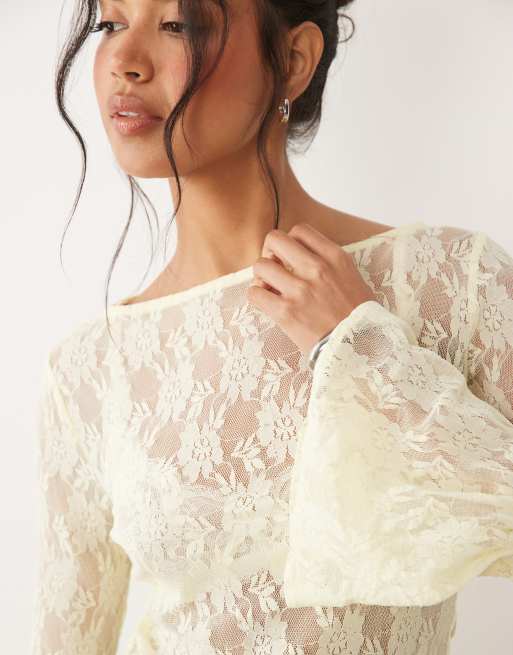 ASOS DESIGN sheer lace fluted cuff top in buttermilk, 3 of 4