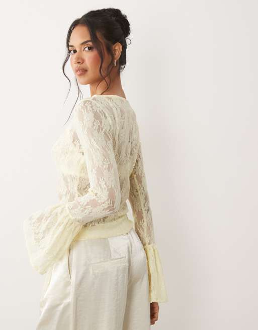 ASOS DESIGN sheer lace fluted cuff top in buttermilk, 4 of 4