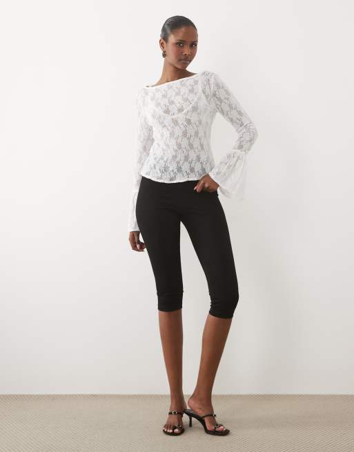 ASOS DESIGN sheer lace fluted cuff top in ecru, 3 of 4