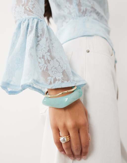ASOS DESIGN sheer lace fluted cuff top in pale blue, 3 of 4