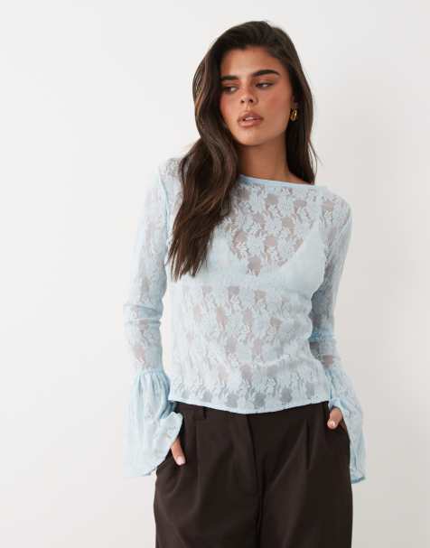 ASOS DESIGN sheer lace fluted cuff top in pale pink - view 1