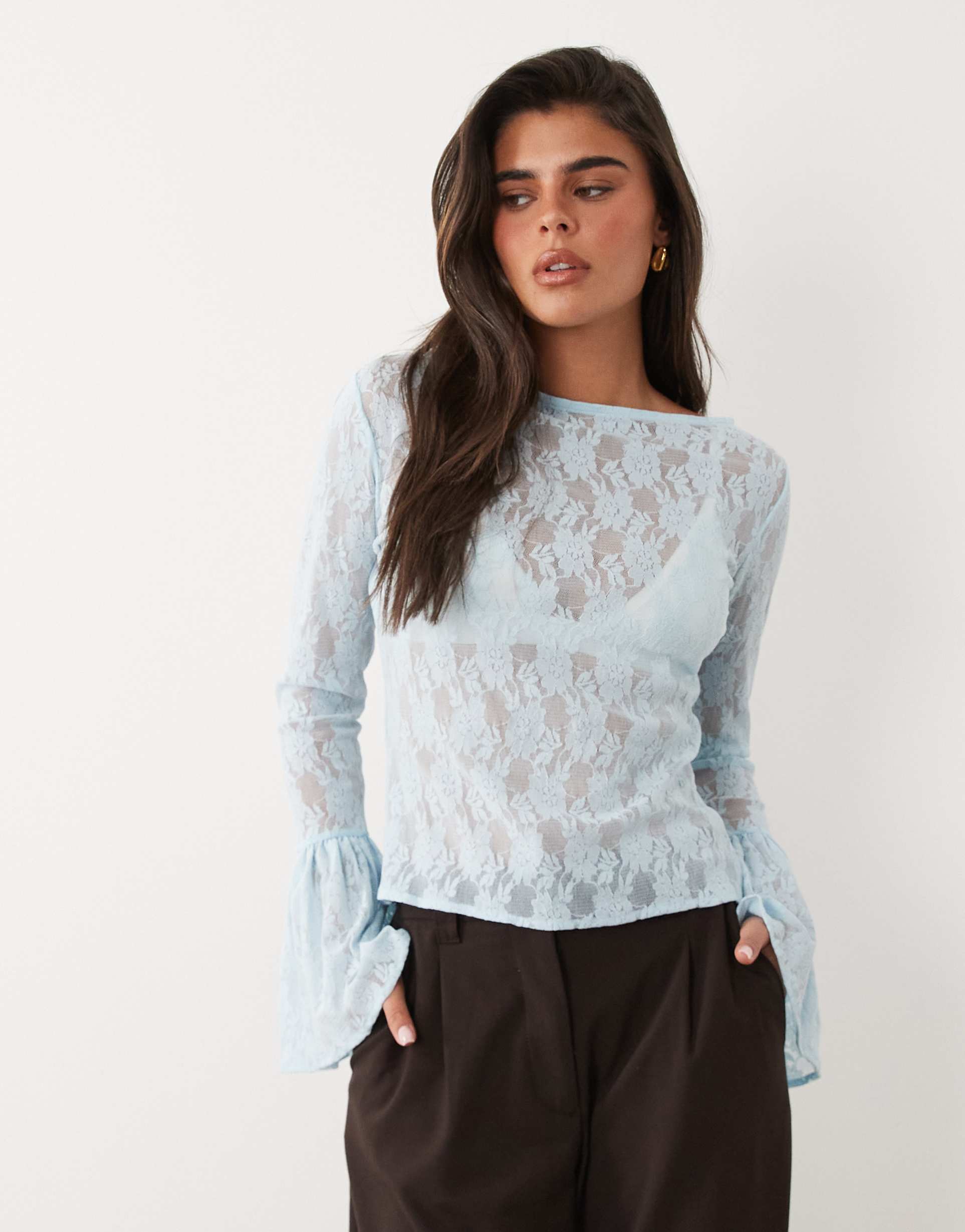 asos design sheer lace fluted cuff top in pale pink