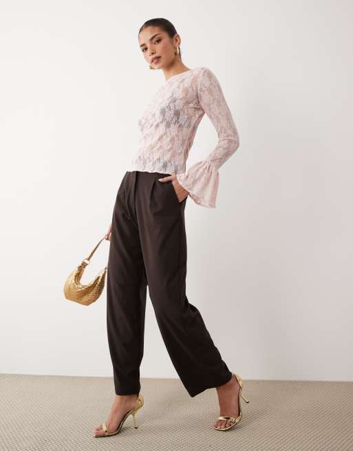 ASOS DESIGN sheer lace fluted cuff top in pale pink, 2 of 4