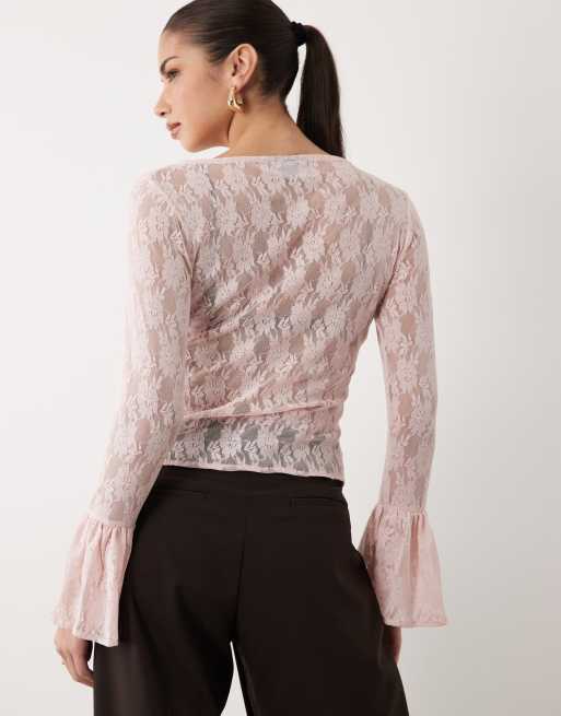ASOS DESIGN sheer lace fluted cuff top in pale pink, 4 of 4
