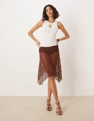 sheer lace hanky hem midi skirt in chocolate-Brown