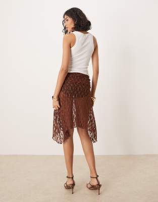 Asos Design Sheer Lace Hanky Hem Midi Skirt In Brown
