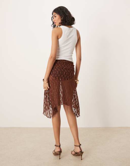ASOS DESIGN sheer lace hanky hem midi skirt in chocolate