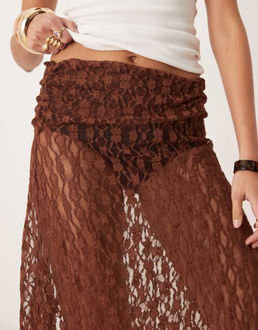 ASOS DESIGN sheer lace hanky hem midi skirt in chocolate