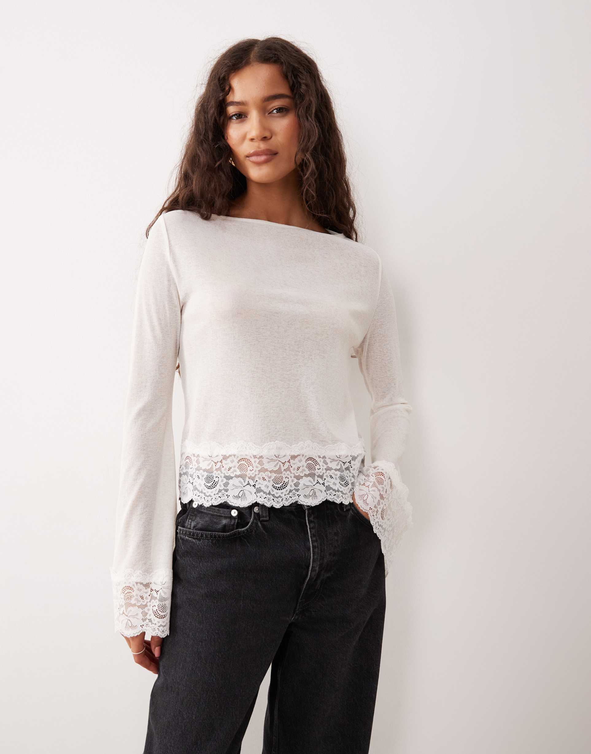 asos design sheer lace hem top in ecru