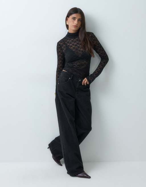 ASOS DESIGN sheer lace high neck long sleeve top in black, 2 of 5