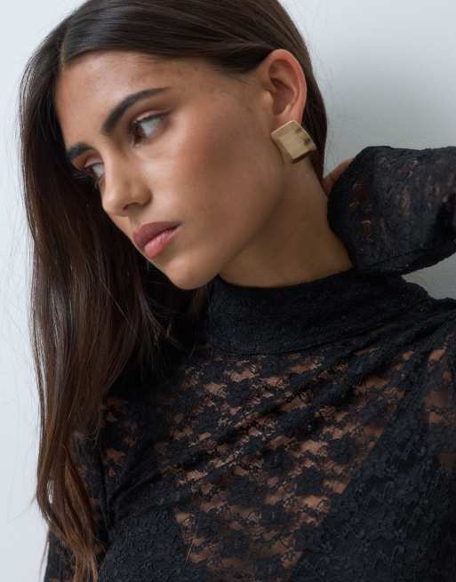 ASOS DESIGN sheer lace high neck long sleeve top in black, 3 of 5