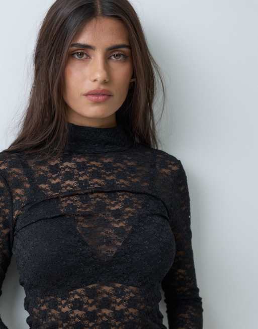ASOS DESIGN sheer lace high neck long sleeve top in black, 4 of 5
