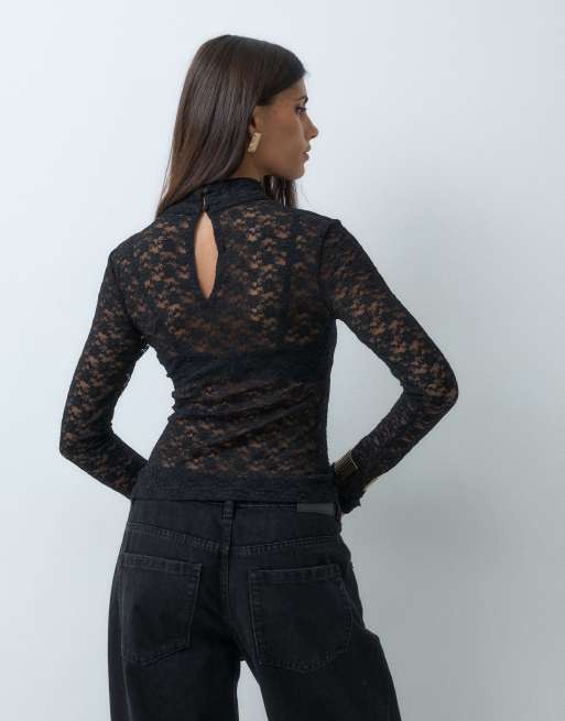 ASOS DESIGN sheer lace high neck long sleeve top in black, 5 of 5