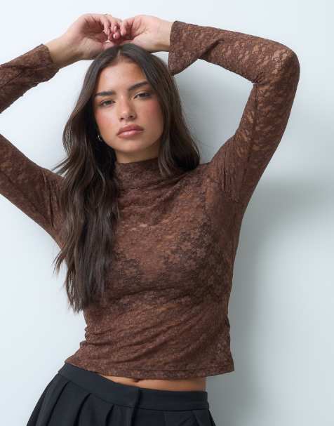 ASOS DESIGN sheer lace high neck long sleeve top in chocolate