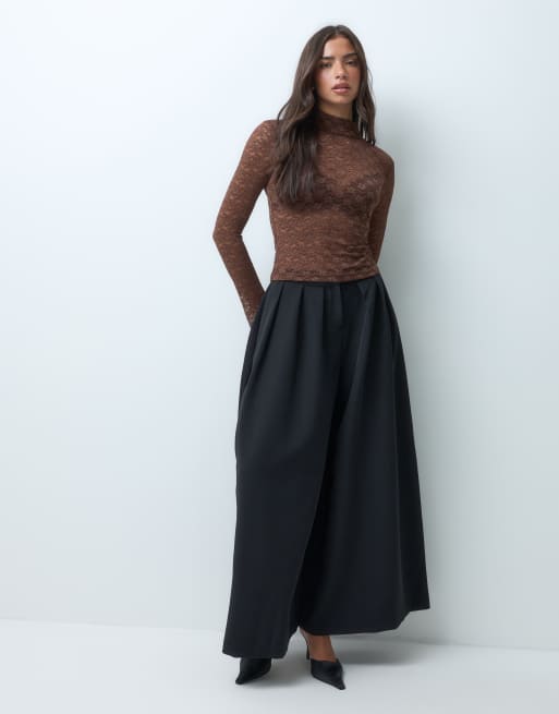 ASOS DESIGN sheer lace high neck long sleeve top in chocolate, 3 of 5