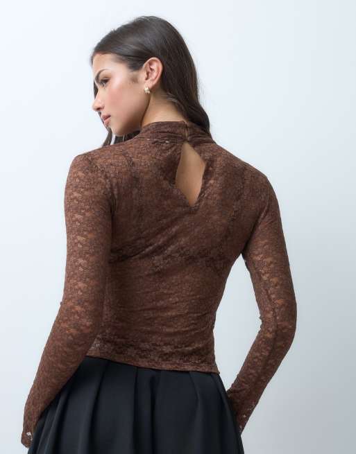ASOS DESIGN sheer lace high neck long sleeve top in chocolate, 5 of 5