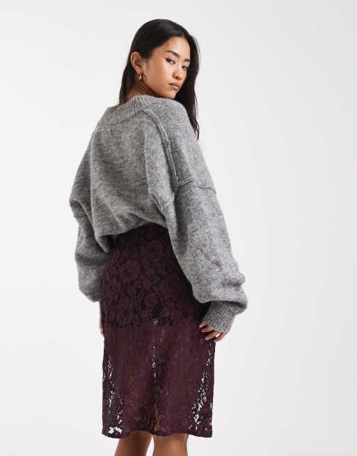 ASOS DESIGN sheer lace knee length skirt in plum