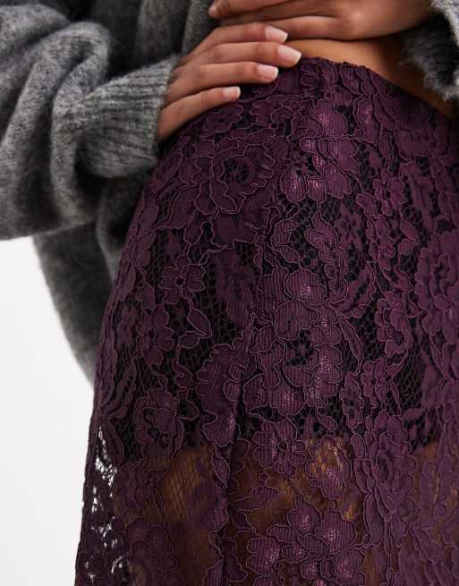 ASOS DESIGN sheer lace knee length skirt in plum
