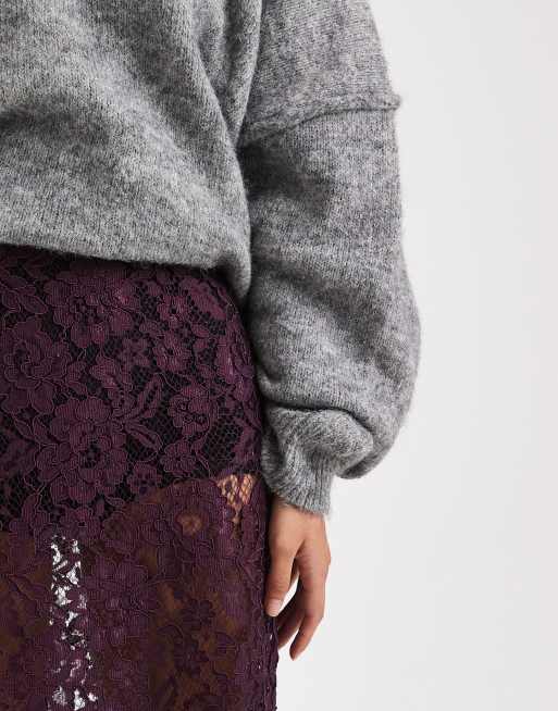 ASOS DESIGN sheer lace knee length skirt in plum, 5 of 5