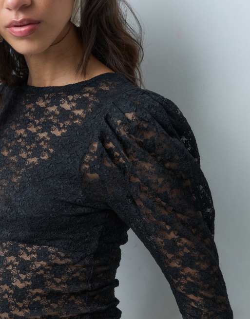 ASOS DESIGN sheer lace long sleeve top with puff sleeve in black, 4 of 5