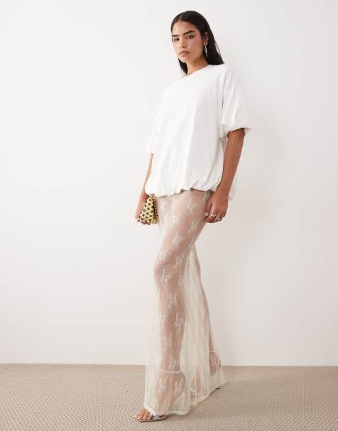 ASOS DESIGN sheer lace maxi skirt in cream - view 1