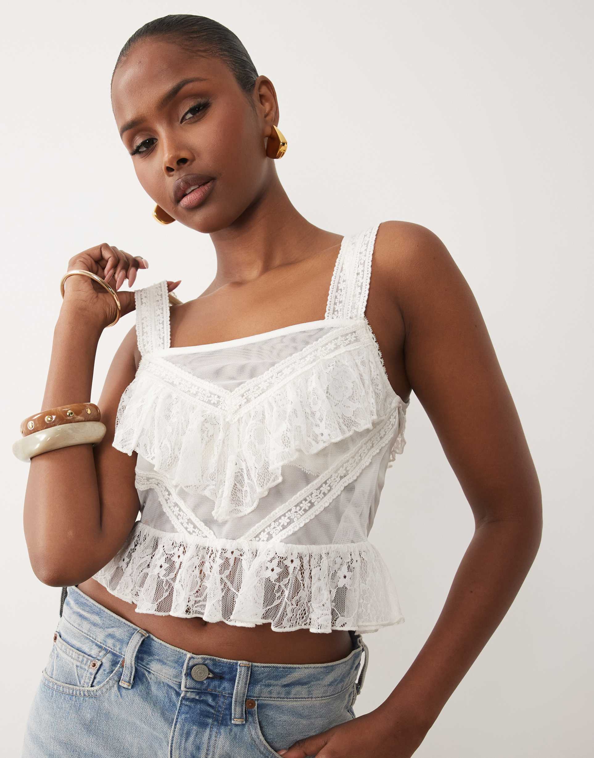 asos design sheer lace mesh mix cami top in cream