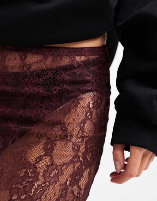 ASOS DESIGN sheer lace maxi skirt in fig