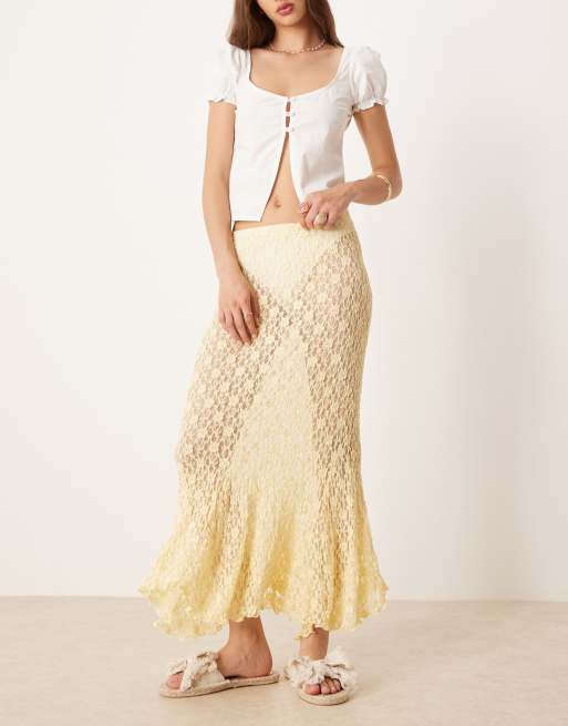 ASOS DESIGN sheer lace midi skirt with godet hem in buttermilk, 2 of 5
