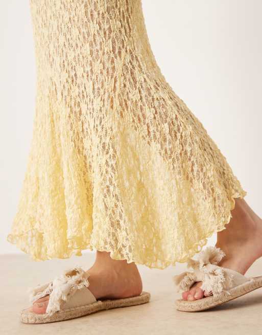 ASOS DESIGN sheer lace midi skirt with godet hem in buttermilk, 3 of 5