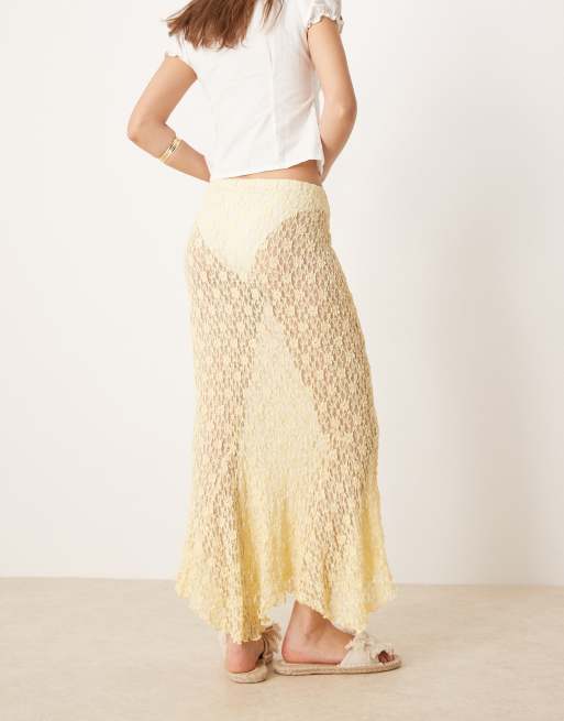 ASOS DESIGN sheer lace midi skirt with godet hem in buttermilk, 4 of 5