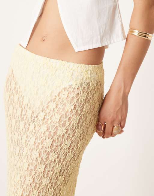 ASOS DESIGN sheer lace midi skirt with godet hem in buttermilk, 5 of 5