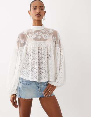 Asos Design Sheer Lace Mix Balloon Sleeves Top In White