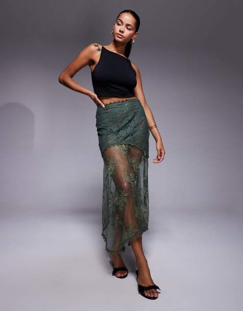 ASOS DESIGN sheer lace mix midi skirt in olive - view 1