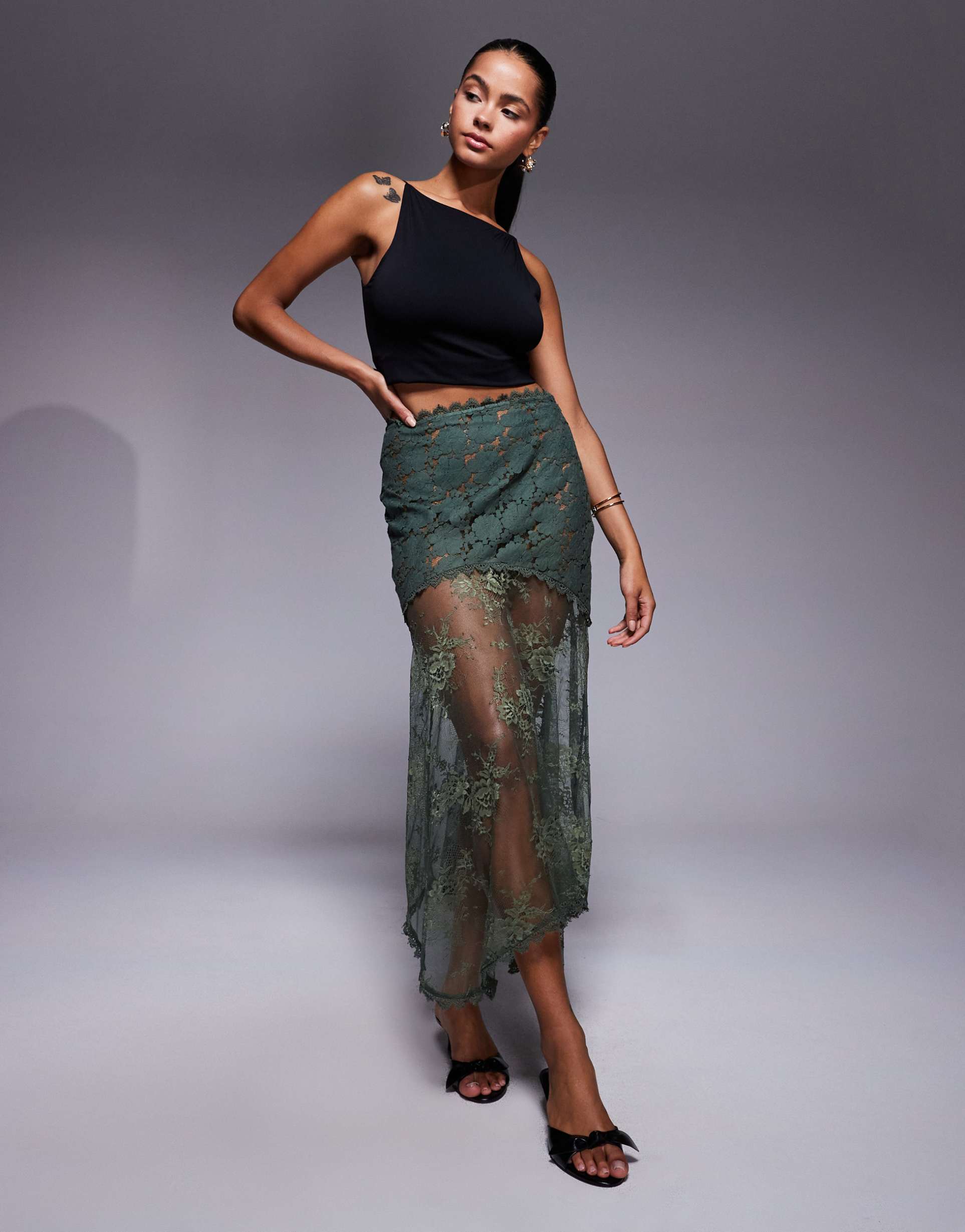 asos design sheer lace mix midi skirt in olive