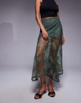 Asos Design Sheer Lace Mix Midi Skirt In Green