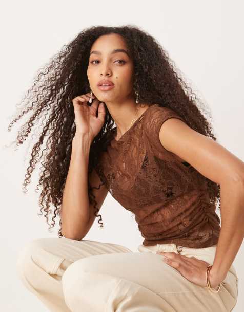 ASOS DESIGN sheer lace off shoulder ruched side top in brown - view 1
