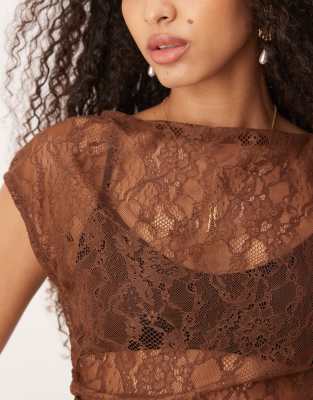 Asos Design Sheer Lace Off Shoulder Ruched Side Top