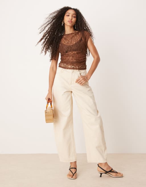ASOS DESIGN sheer lace off shoulder ruched side top in brown, 3 of 4